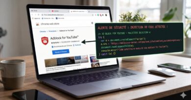 Laptop displaying a Chrome Web Store page for Adblock for YouTube with a dark security alert overlay about code injection in French.