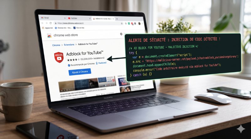 Laptop displaying a Chrome Web Store page for Adblock for YouTube with a dark security alert overlay about code injection in French.