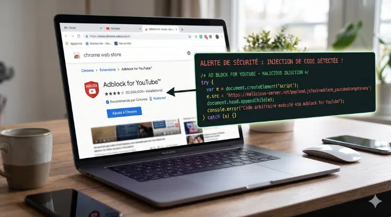 Laptop displaying a Chrome Web Store page for Adblock for YouTube with a dark security alert overlay about code injection in French.