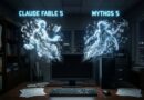 Two glowing ethereal figures made of symbols float above a desk with a computer, labeled Claude Fable 5 and Mythos 5 in a dim office.