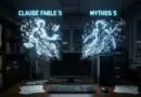 Two glowing ethereal figures made of symbols float above a desk with a computer, labeled Claude Fable 5 and Mythos 5 in a dim office.
