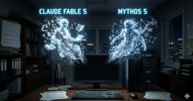Two glowing ethereal figures made of symbols float above a desk with a computer, labeled Claude Fable 5 and Mythos 5 in a dim office.