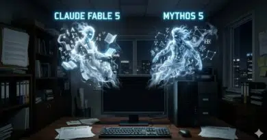 Two glowing ethereal figures made of symbols float above a desk with a computer, labeled Claude Fable 5 and Mythos 5 in a dim office.