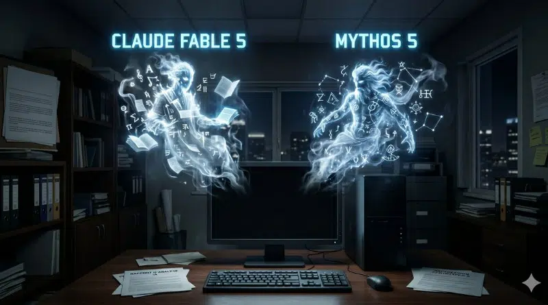Two glowing ethereal figures made of symbols float above a desk with a computer, labeled Claude Fable 5 and Mythos 5 in a dim office.
