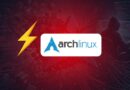 Arch Linux logo on a red tech-themed banner, with a coder at a workstation in the background.