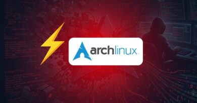 Arch Linux logo on a red tech-themed banner, with a coder at a workstation in the background.