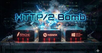 Exploding server racks with the words 'HTTP/2 Bomb' and logos for Apache, NGINX, and IIS visible on the front panels.