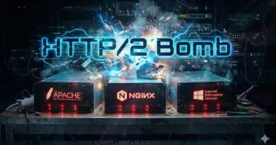 Exploding server racks with the words 'HTTP/2 Bomb' and logos for Apache, NGINX, and IIS visible on the front panels.