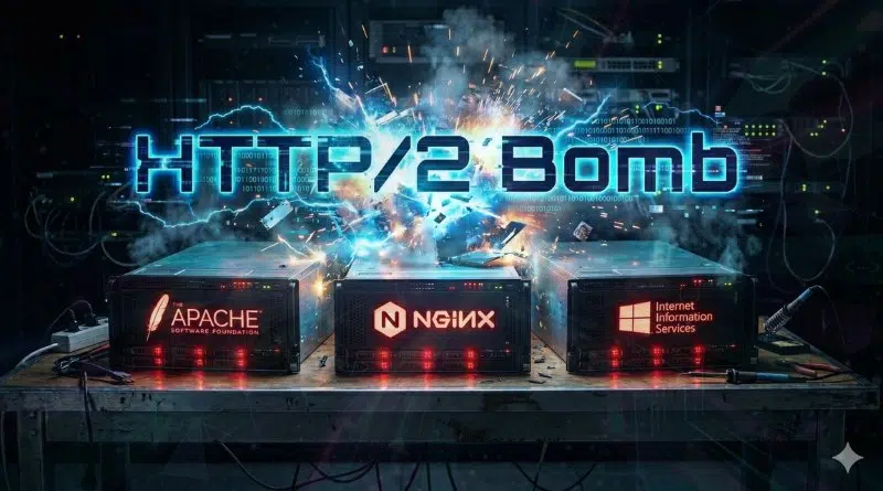 Exploding server racks with the words 'HTTP/2 Bomb' and logos for Apache, NGINX, and IIS visible on the front panels.