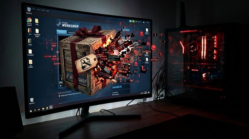 Gaming setup with a curved monitor showing a Steam Workshop splash and a crate exploding on screen, plus a red-lit PC tower to the right