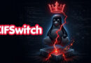 Brand illustration: bold 'CIFSwitch' text to the left with a neon-red outline, and Tux the Linux penguin sitting on a glowing server switch with a red crown above.