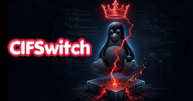 Brand illustration: bold 'CIFSwitch' text to the left with a neon-red outline, and Tux the Linux penguin sitting on a glowing server switch with a red crown above.