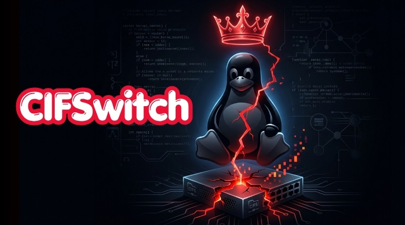 Brand illustration: bold 'CIFSwitch' text to the left with a neon-red outline, and Tux the Linux penguin sitting on a glowing server switch with a red crown above.