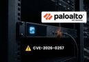 Palo Alto Networks logo displayed on a server rack with a yellow warning icon and the text CVE-2026-0257