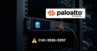 Palo Alto Networks logo displayed on a server rack with a yellow warning icon and the text CVE-2026-0257