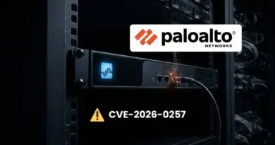 Palo Alto Networks logo displayed on a server rack with a yellow warning icon and the text CVE-2026-0257