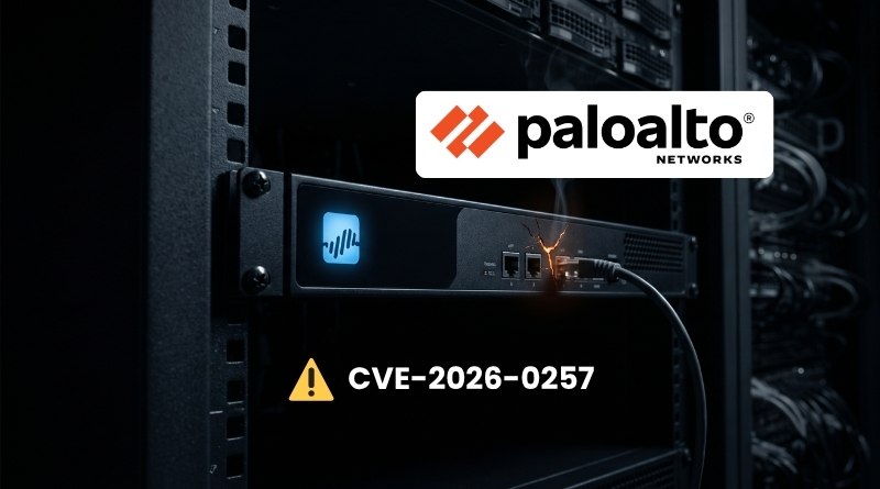 Palo Alto Networks logo displayed on a server rack with a yellow warning icon and the text CVE-2026-0257