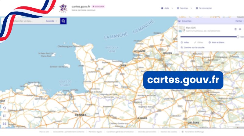 France map hero with blue 'cartes.gouv.fr' logo and red‑white‑blue ribbons in the corner.