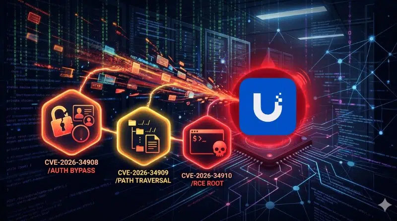 Cybersecurity illustration with three vulnerability icons labeled CVE-2026-34908 (auth bypass), CVE-2026-34909 (path traversal), and CVE-2026-34910 (RCE root), with data streams converging on a glowing blue app logo.