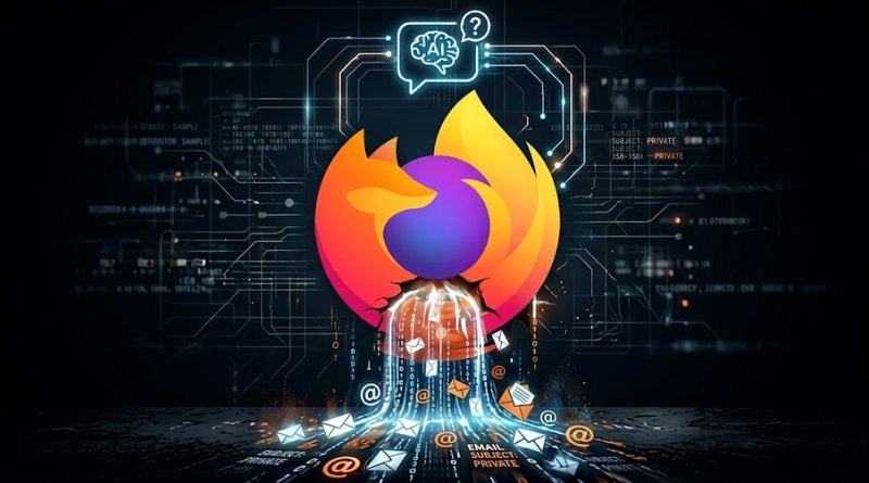 Firefox logo surrounded by glowing digital data streams and emails, symbolizing cybersecurity and online protection.