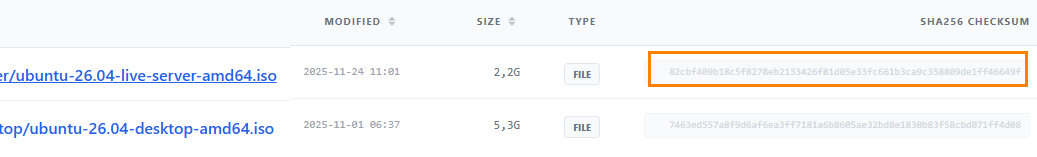 Screenshot of a download page listing two Ubuntu 26.04 ISO files with their Modified dates, sizes (2.2G and 5.3G), and a highlighted SHA256 checksum column showing long hex values.