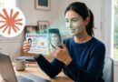 Woman at a desk holds a French identity card and scans it with her phone, with a facial recognition overlay on her face.