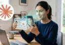 Woman at a desk holds a French identity card and scans it with her phone, with a facial recognition overlay on her face.