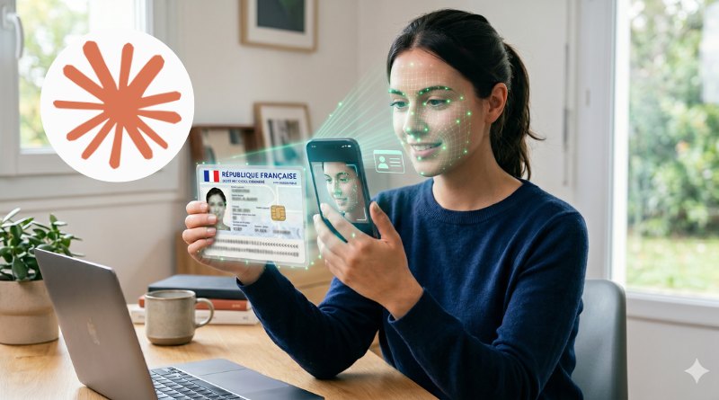 Woman at a desk holds a French identity card and scans it with her phone, with a facial recognition overlay on her face.