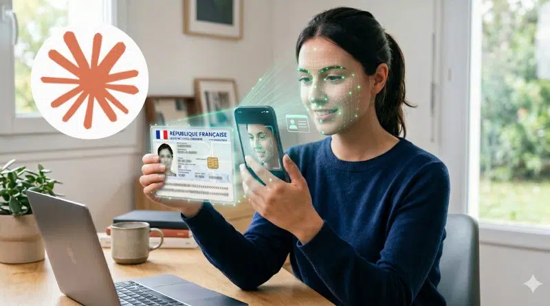 Woman at a desk holds a French identity card and scans it with her phone, with a facial recognition overlay on her face.