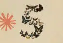 Patchwork collage of colorful butterflies forming a crescent on a beige background, with a pink starburst shape on the left.