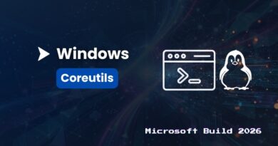Promotional banner for Windows Coreutils at Microsoft Build 2026, showing the Windows Coreutils logo, a terminal window icon, and the Linux penguin.