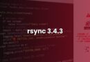 Red-tinted background showing code on a screen with rsync 3.4.3 centered and a warning/error icon on the right.