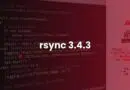 Red-tinted background showing code on a screen with rsync 3.4.3 centered and a warning/error icon on the right.