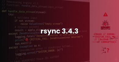 Red-tinted background showing code on a screen with rsync 3.4.3 centered and a warning/error icon on the right.