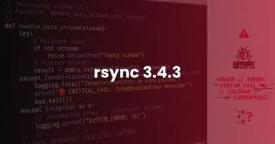 Red-tinted background showing code on a screen with rsync 3.4.3 centered and a warning/error icon on the right.