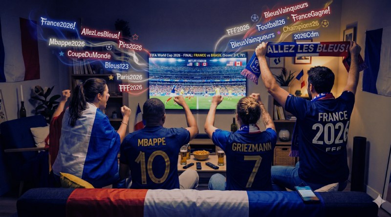 Group of France 2026 soccer fans in a living room, wearing blue jerseys and waving scarves as they cheer a match on the TV.