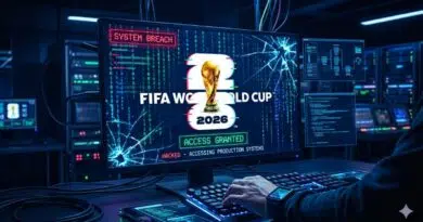 Hacker-themed computer setup displaying FIFA World Cup 2026 logo with messages like System Breach and Access Granted on the screen.