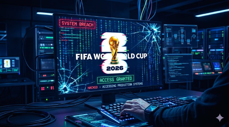 Hacker-themed computer setup displaying FIFA World Cup 2026 logo with messages like System Breach and Access Granted on the screen.