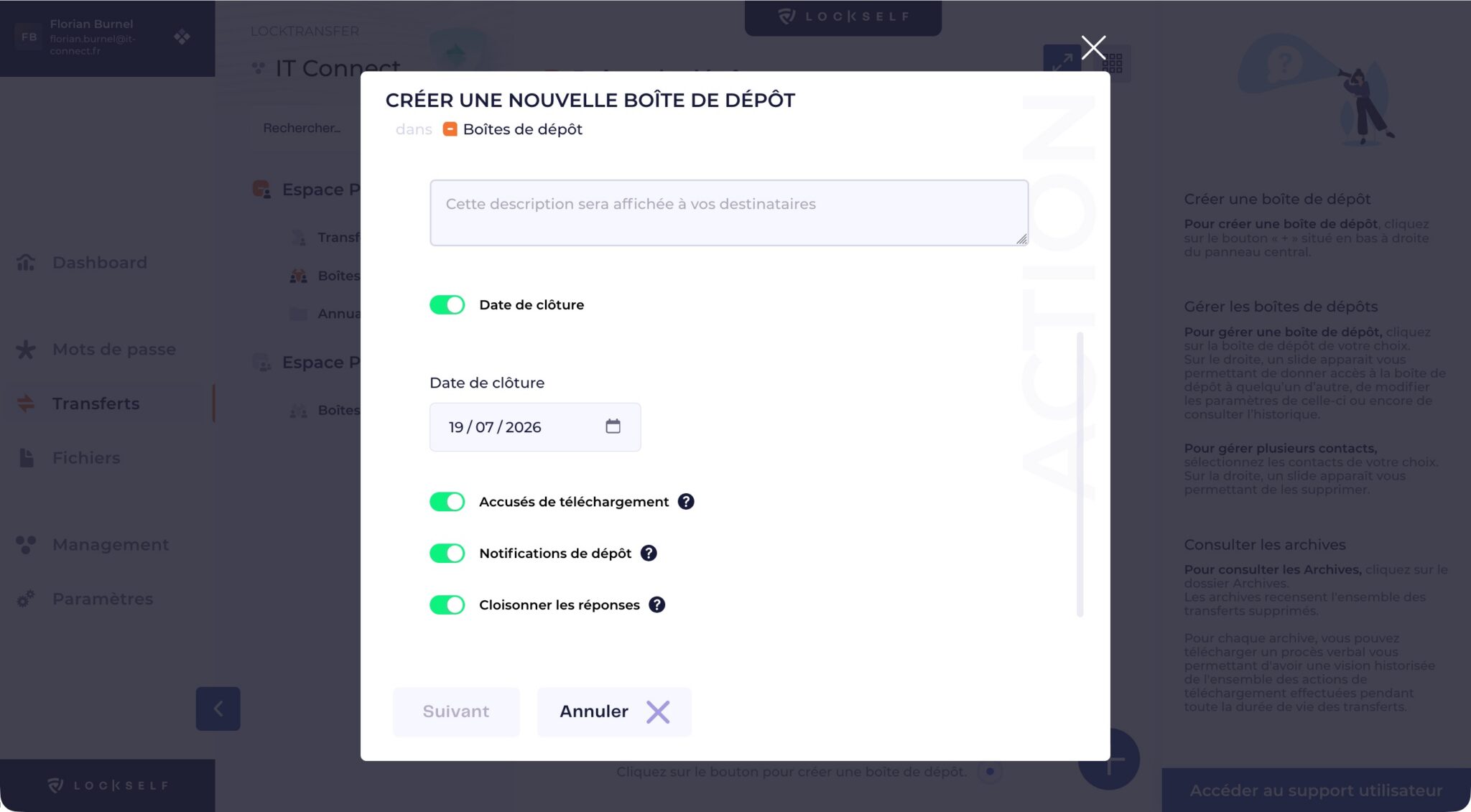 Centered modal window: form to create a new drop box with description field and toggles (closing date, notifications, etc.).