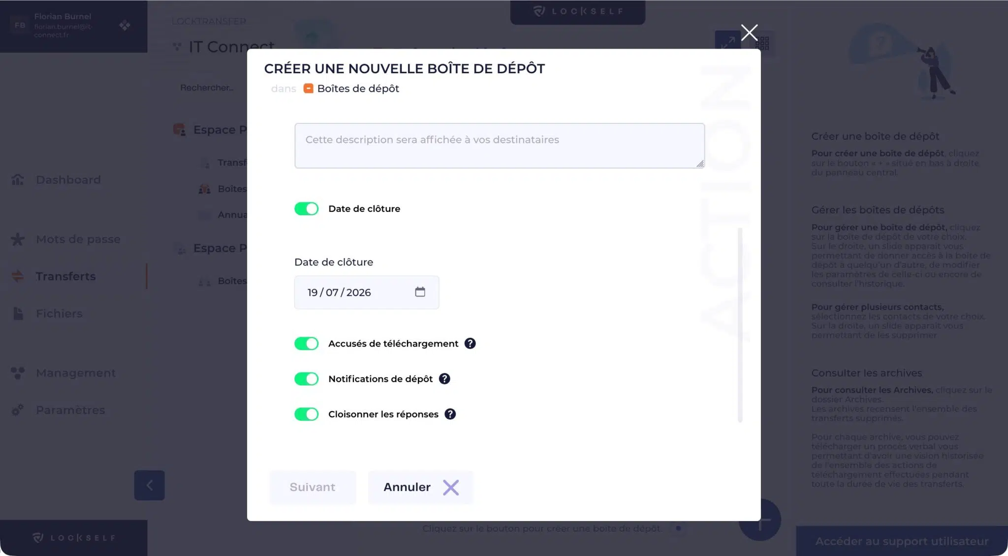 Centered modal window: form to create a new drop box with description field and toggles (closing date, notifications, etc.).