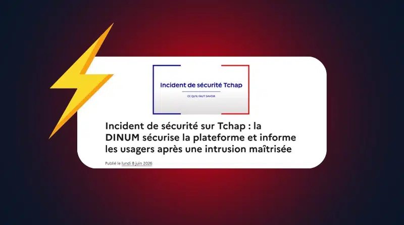 Informational banner about a Tchap security incident; white rounded panel with headline on a dark gradient background and a yellow bolt.
