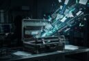 Open metal briefcase on a lab table as papers and data streams explode outward, suggesting a data breach or information leak in a server room setting.