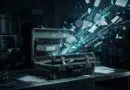 Open metal briefcase on a lab table as papers and data streams explode outward, suggesting a data breach or information leak in a server room setting.