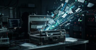 Open metal briefcase on a lab table as papers and data streams explode outward, suggesting a data breach or information leak in a server room setting.