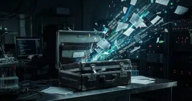 Novo Nordisk Cyberattack Exposes Clinical Trial Data Open metal briefcase on a lab table as papers and data streams explode outward, suggesting a data breach or information leak in a server room setting.