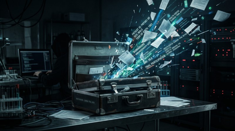 Open metal briefcase on a lab table as papers and data streams explode outward, suggesting a data breach or information leak in a server room setting.