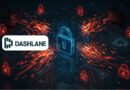 Dashlane logo over a cybersecurity illustration with a central glowing lock and red padlock icons surrounding it.