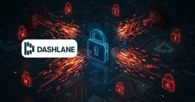 Dashlane logo over a cybersecurity illustration with a central glowing lock and red padlock icons surrounding it.