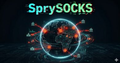 Globe with glowing red connection nodes and orbiting data lines, labeled with glitchy 'SprySOCKS' text, illustrating a global network or proxy service.
