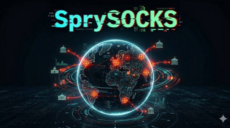 Globe with glowing red connection nodes and orbiting data lines, labeled with glitchy 'SprySOCKS' text, illustrating a global network or proxy service.